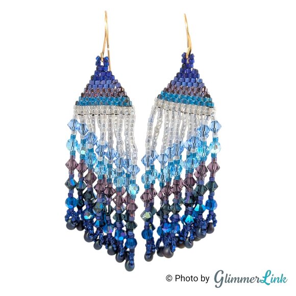 Beaded Fringe Ombre Blue Purple Boho Festival Seed Bead Statement Earrings - Picture 1 of 10